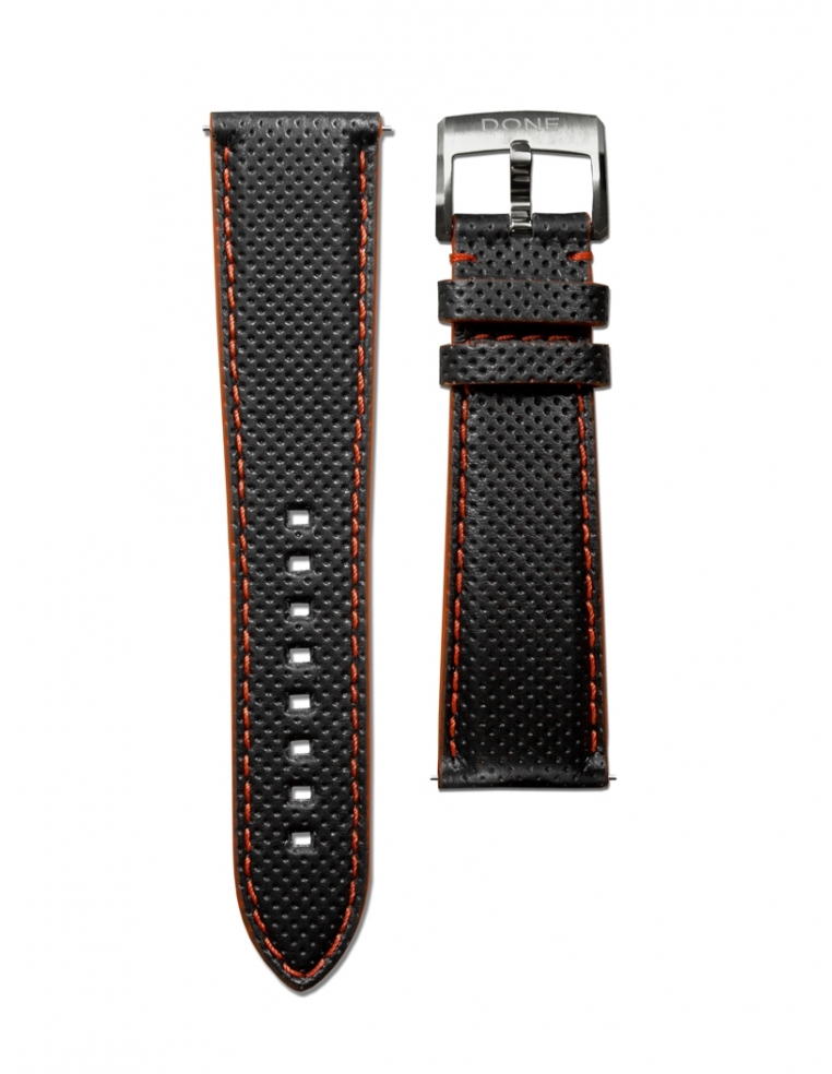 Leather Strap 22/18mm - Micro-perforated Black & Red stitching - Titanium pin buckle