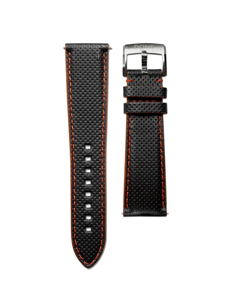 Leather Strap 22/18mm - Micro-perforated Black & Red stitching - Titanium pin buckle