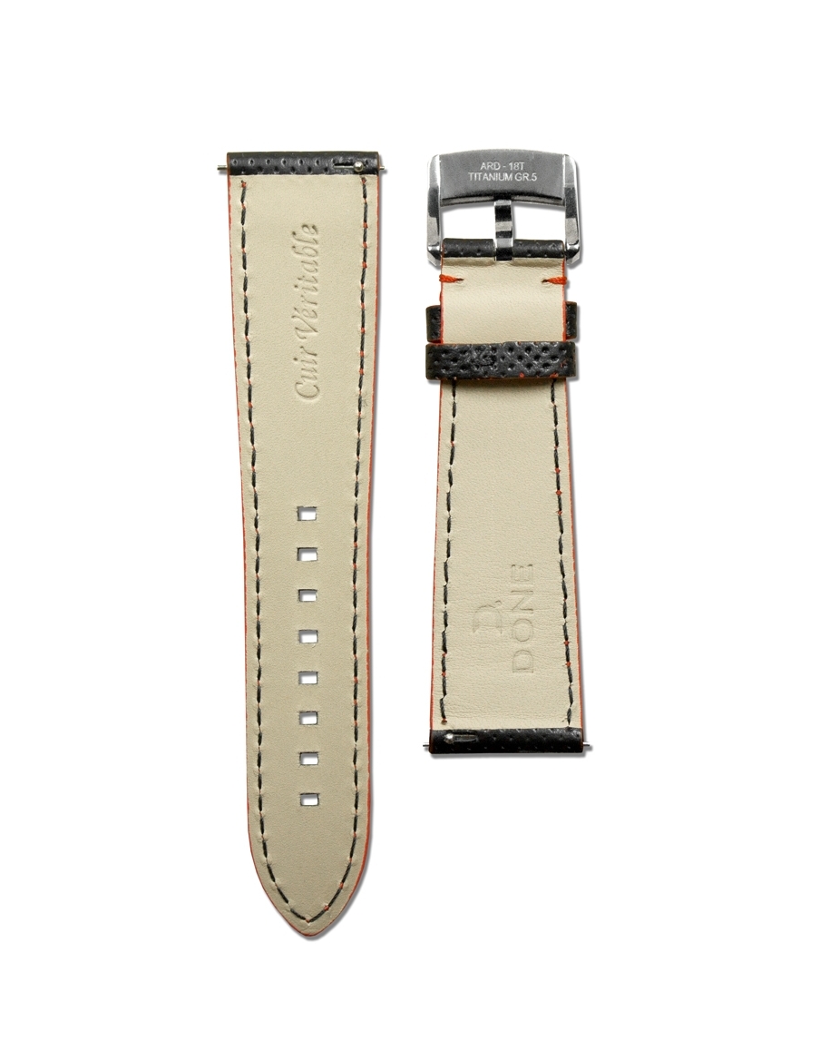 Leather Strap 22/18mm - Micro-perforated Black & Red stitching - Titanium pin buckle