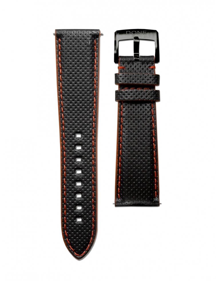 Bracelet 22/18mm - Cuir noir micro-perforé avec coutures rouges - Boucle titane DLC noir