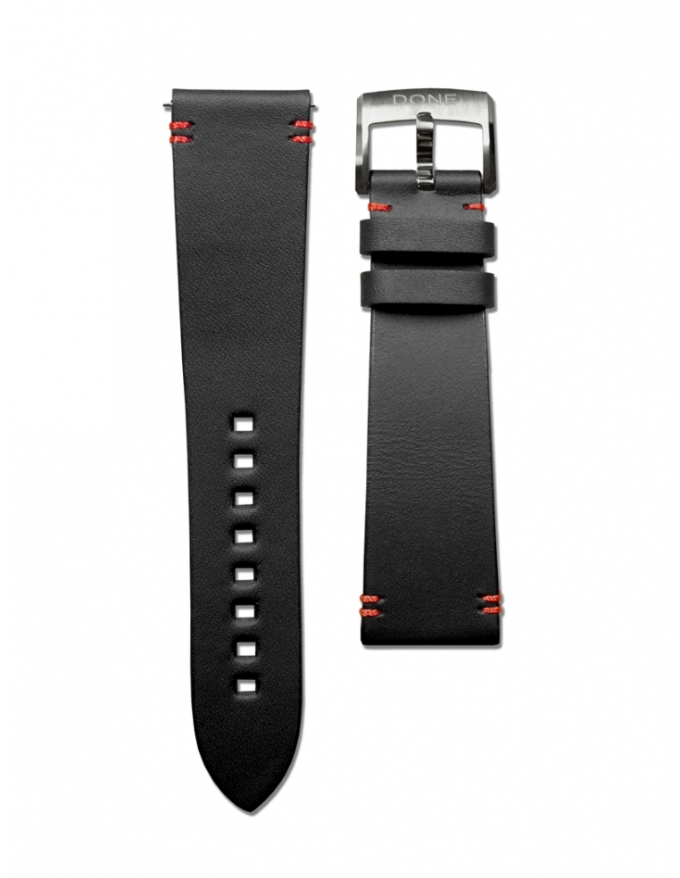 Leather Strap 22/18mm - Black & Red stitching - Titanium pin buckle