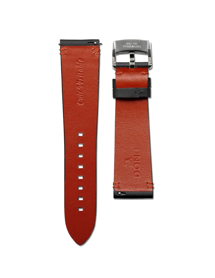 Bracelet 22/18mm - Cuir noir avec surpiqûres rouges - Boucle titane