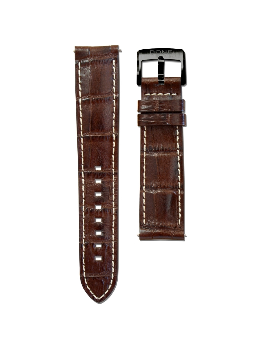 Leather Strap 20/18mm - Brown Alligator pattern - Black pin buckle