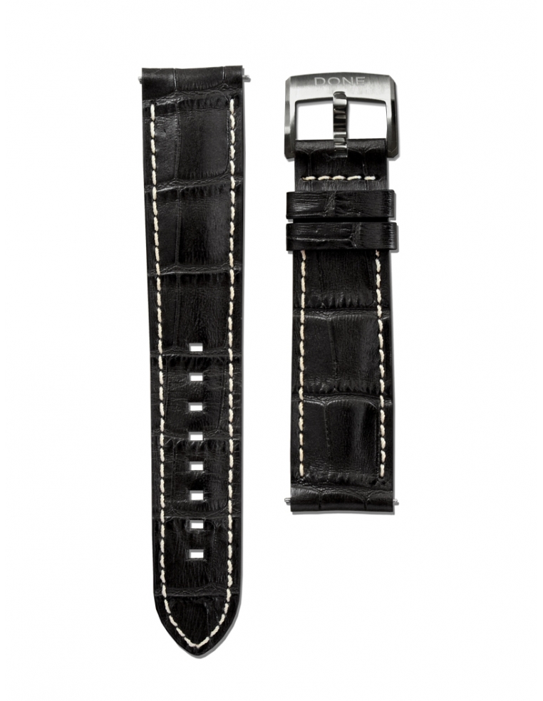 Bracelet 20/18mm - Cuir noir imitation alligator - Boucle acier