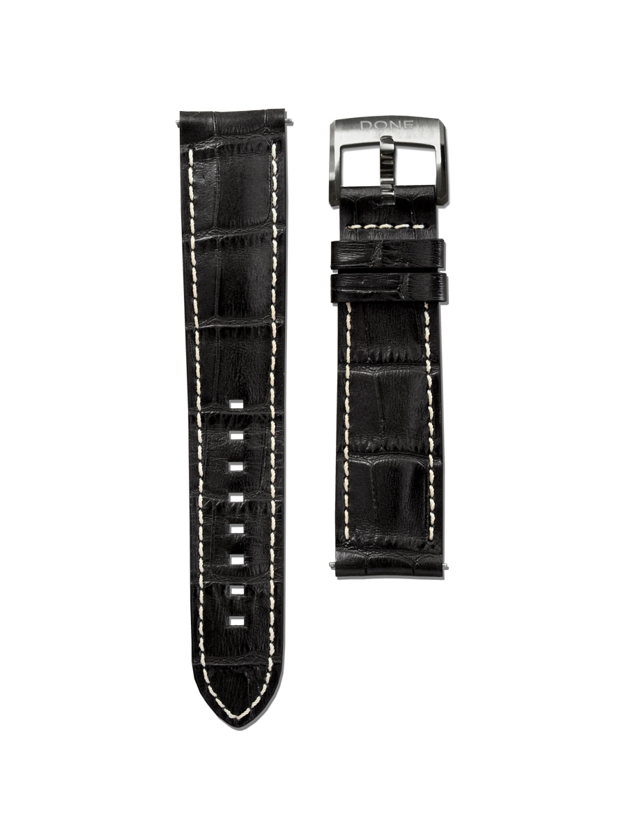 Leather Strap 20/18mm - Black Alligator pattern - S-Steel pin buckle
