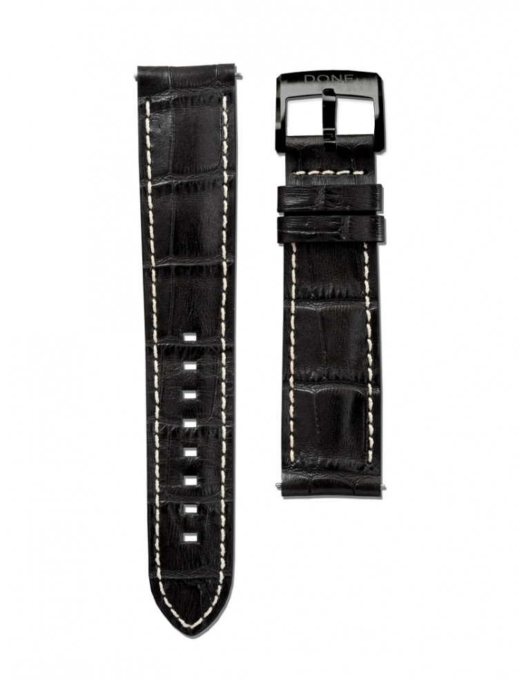Bracelet 20/18mm - Cuir noir imitation alligator - Boucle acier PVD Noir