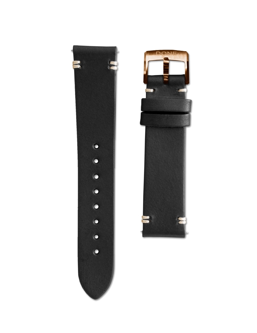 Bracelet 18/16mm - Cuir Noir - Boucle acier/PVD Or rose