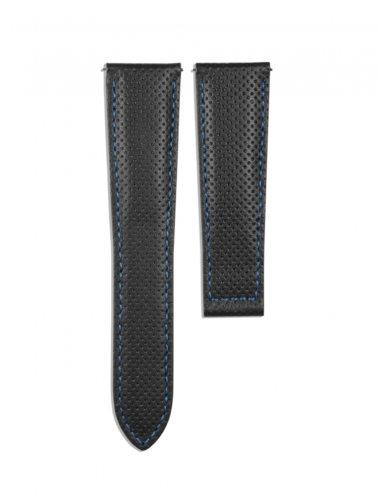 Leather Strap 22/18mm - Black with microperforation and blue stitching