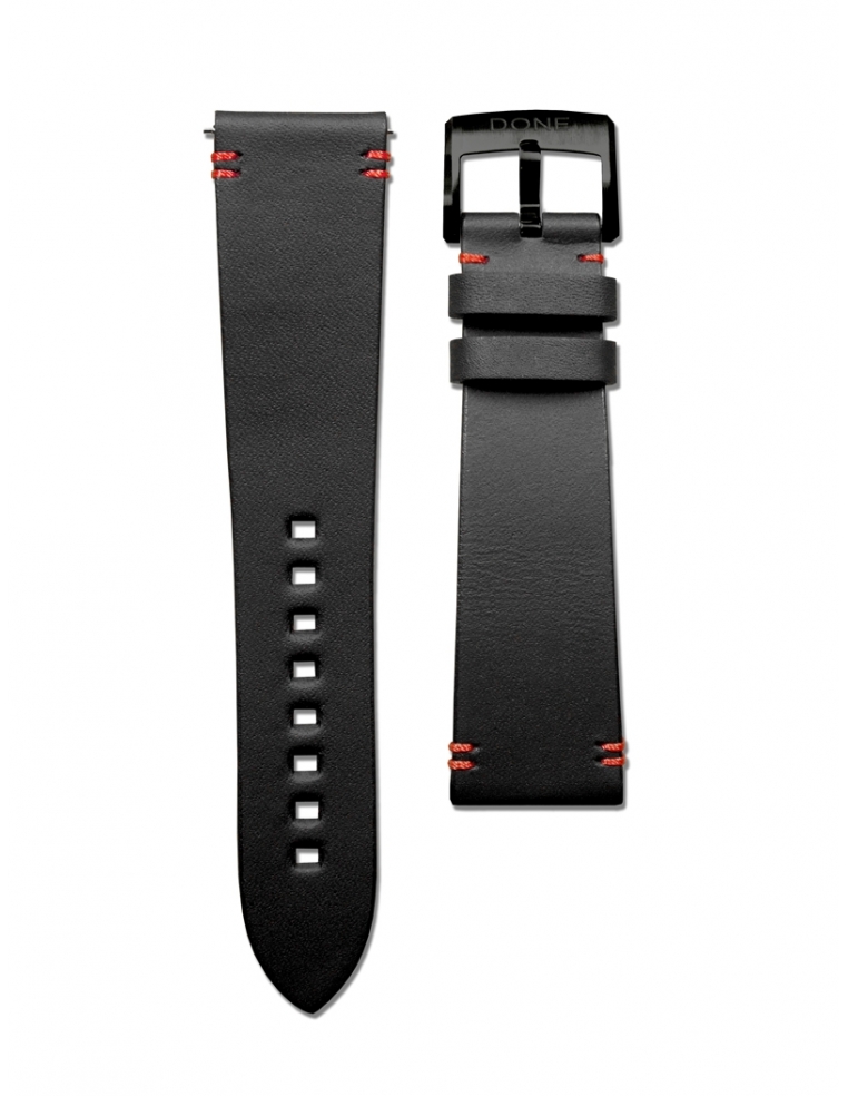 Leather Strap 22/18mm - Black & Red stitching - S-Steel/Black PVD pin buckle