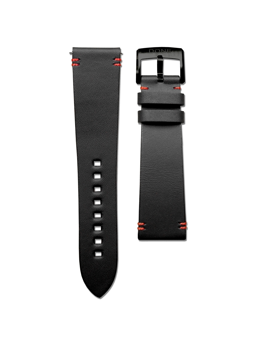 Leather Strap 22/18mm - Black & Red stitching - S-Steel/Black PVD pin buckle