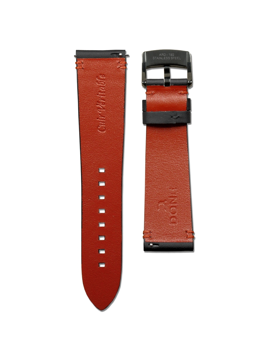 Leather Strap 22/18mm - Black & Red stitching - S-Steel/Black PVD pin buckle