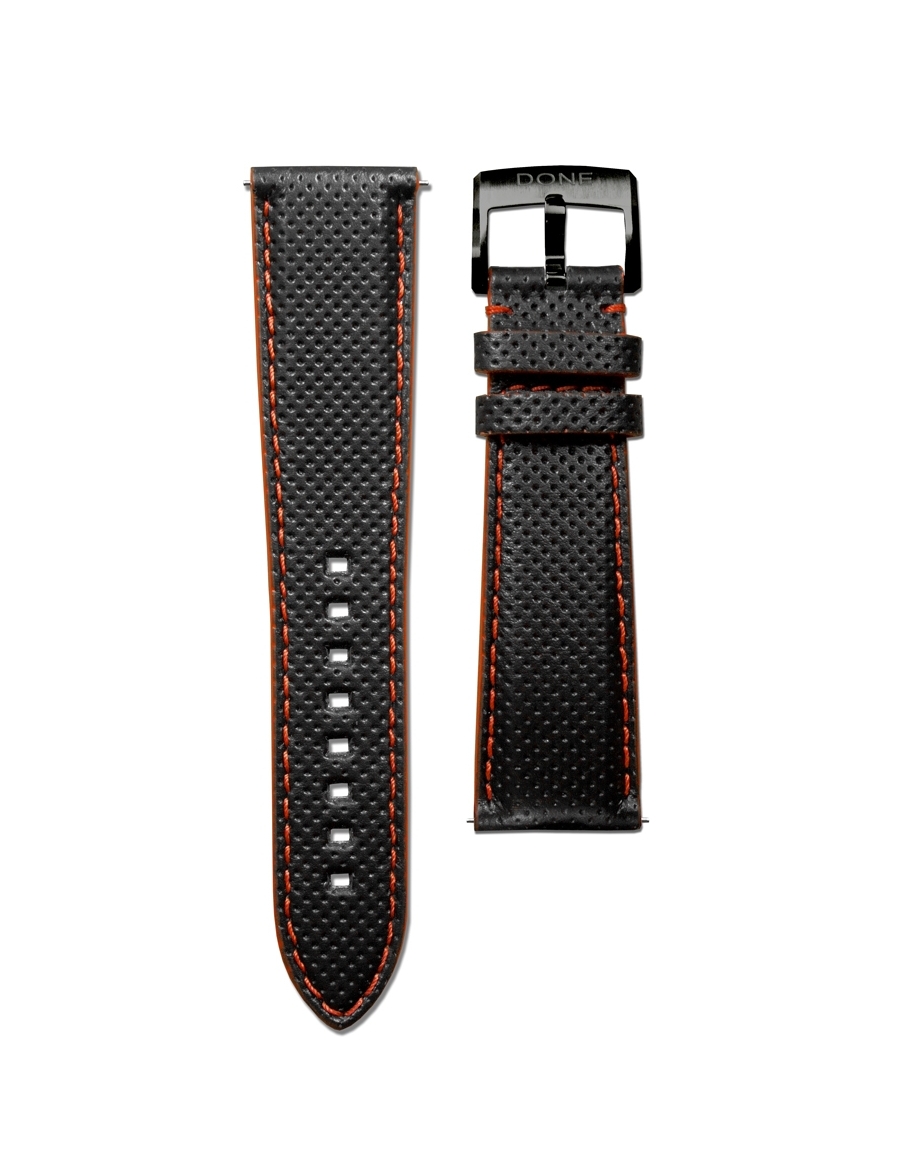 Leather Strap 22/18mm - Micro-perforated Black & Red stitching - S-Steel/Black PVD pin buckle