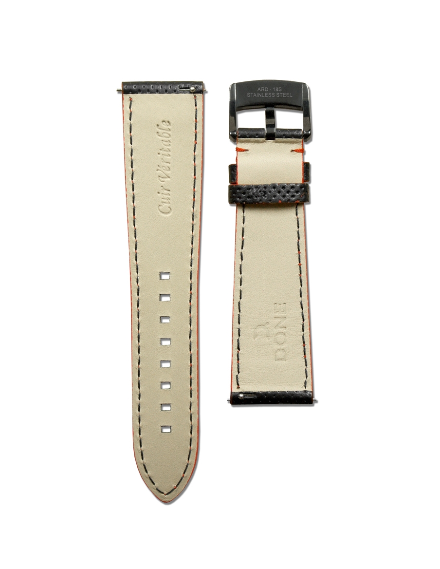 Leather Strap 22/18mm - Micro-perforated Black & Red stitching - S-Steel/Black PVD pin buckle