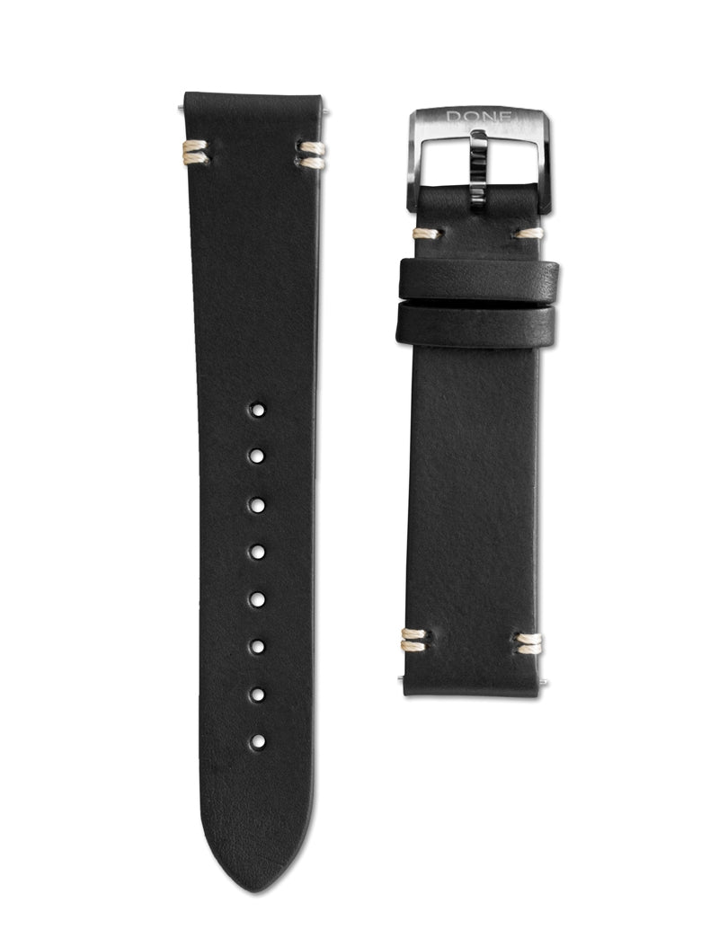 BLACK LEATHER WITH STITCHING - 18/16MM - STEEL PIN BUCKLE