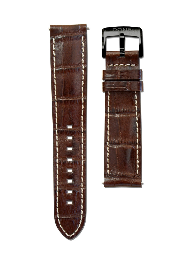 CUIR BRUN ALLIGATOR - 20/18MM - ARDILLON ACIER PVD NOIR