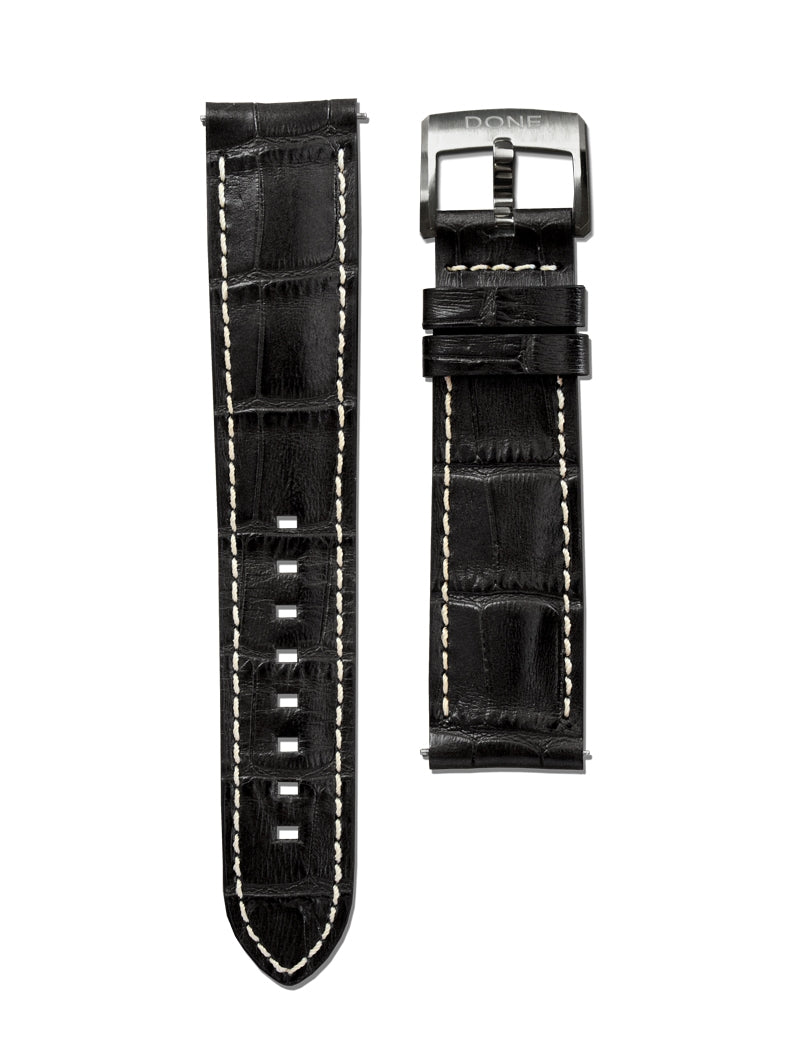 CUIR NOIR ALLIGATOR - 20/18MM - ARDILLON ACIER