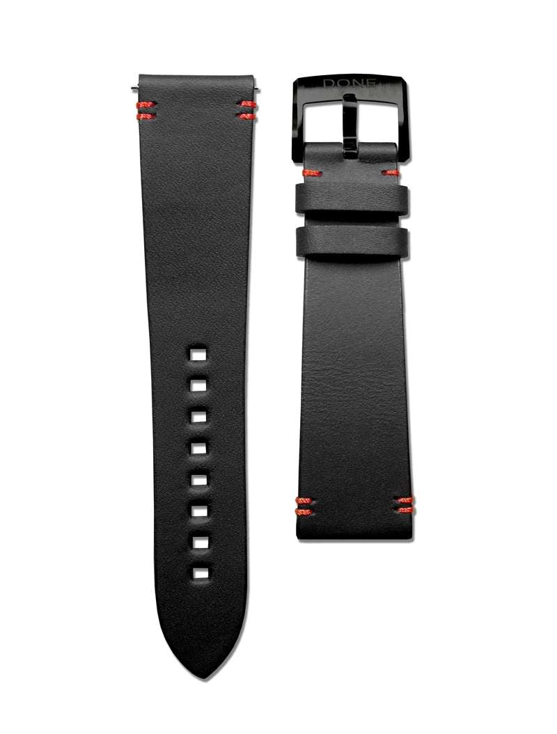 CUIR NOIR SURPIQÛRES ROUGES - 22/18MM - ARDILLON ACIER PVD NOIR