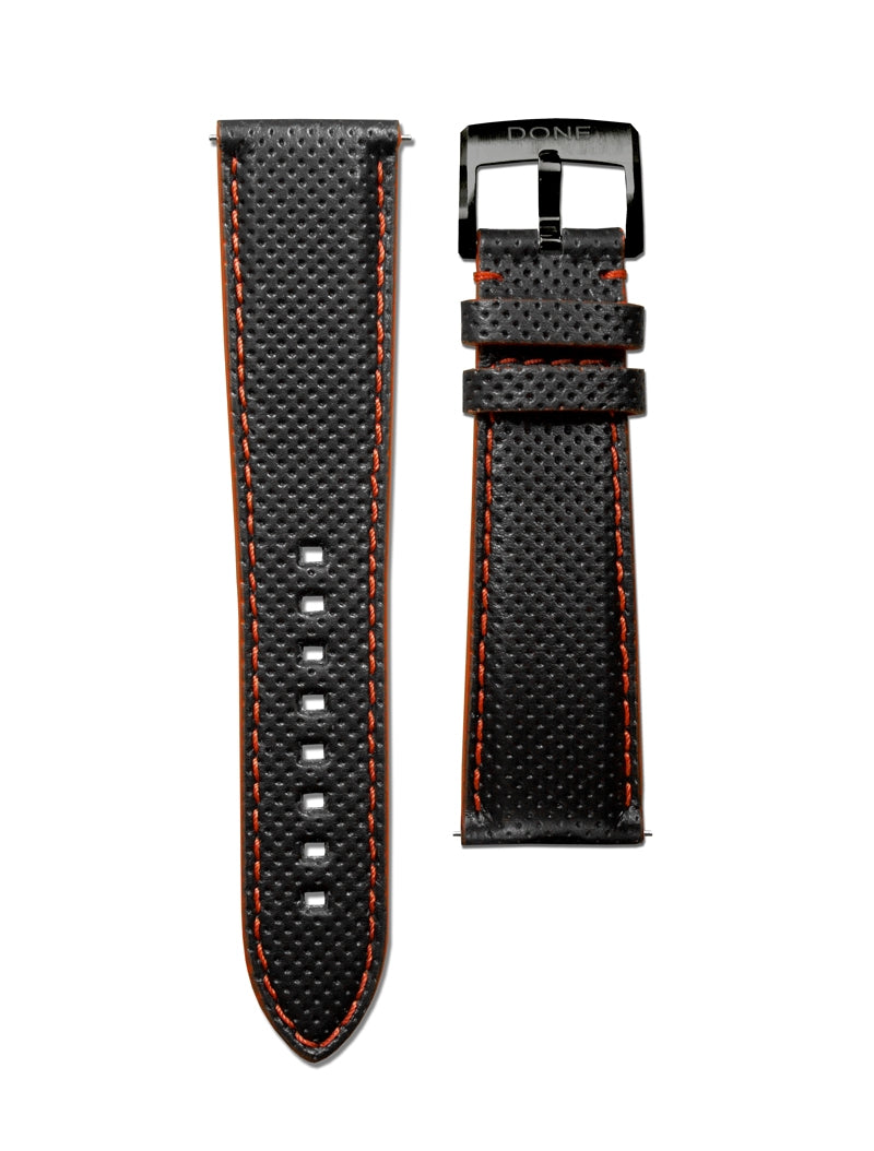 CUIR NOIR MICROPERFORÉ ROUGE - 22/18MM - ARDILLON TITANE PVD NOIR
